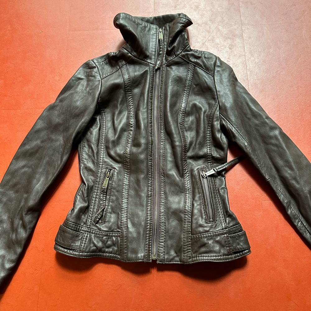 Michael Kors Dark Brown Leather Zip-Front Jacket